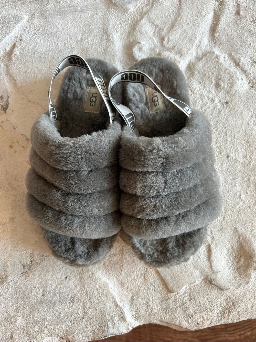 UGG Gray Plush Shearling Slide Sandals with Logo Backstrap